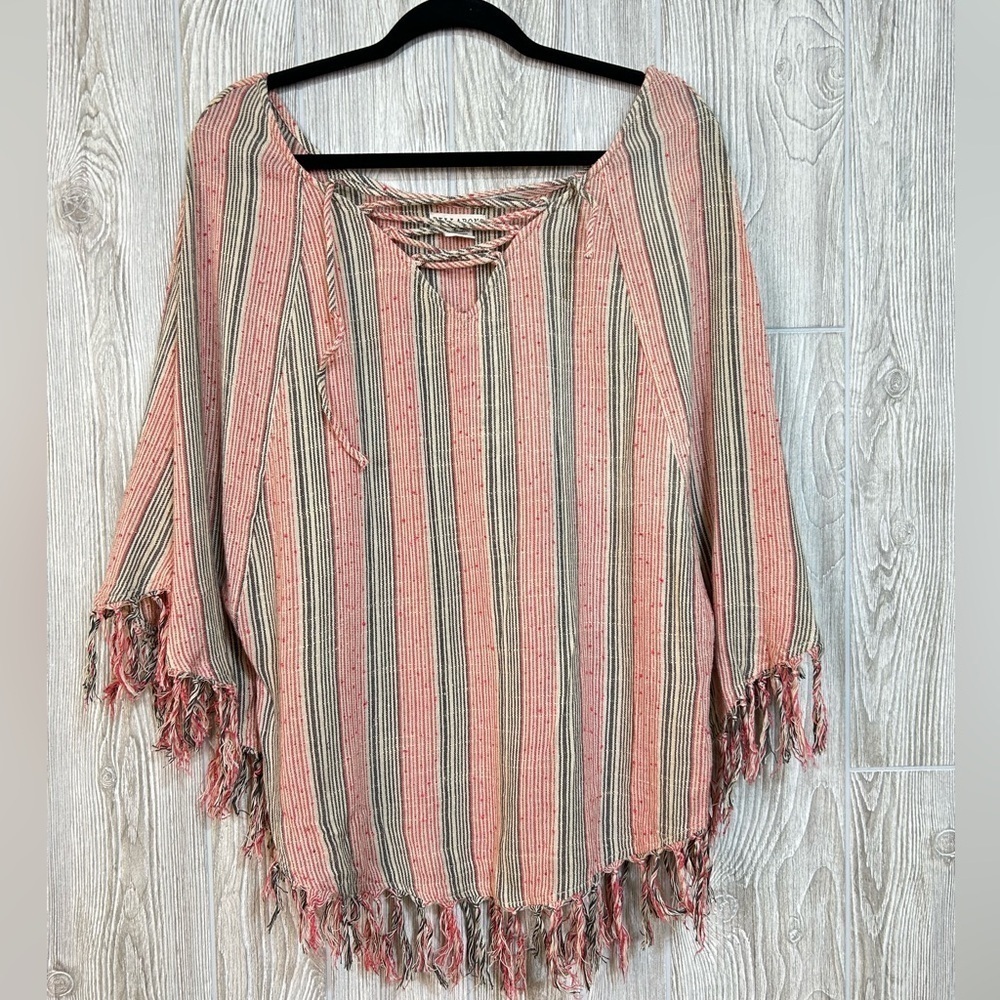 Billabong Vertical Striped Poncho Lance Up V Neck with Fringe Red Gray M/L